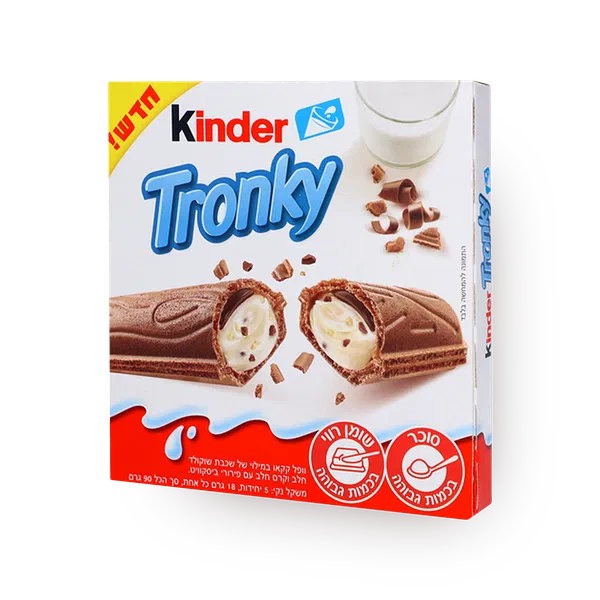 Kinder Tronky cocoa waffle filled with a layer of milk chocolate and milk cream