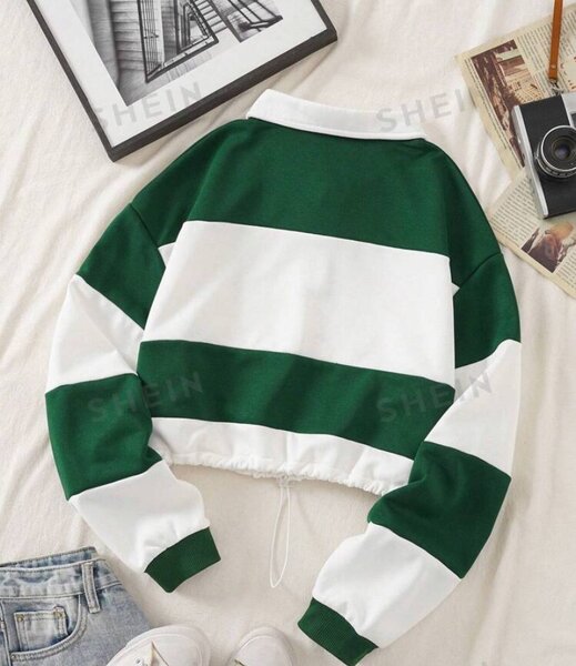 Color block Polo Neck Drawstring  Hem Crop Sweatshirt.