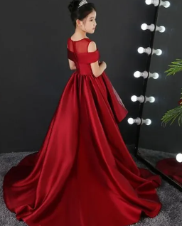 Long Dresses Flower Girls Red Color Birthday Party Competition Evening Dresses For Kids ( Fabric Net And Silk ) ( Size 03 Month To 16 Yrs)