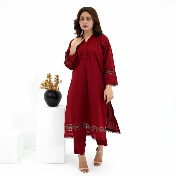 2 piece V Neck Mehroon Embroidered