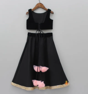 Black Choli And Lehenga With Frilly Dupatta ( Fabric Velvet Silk And Tissue And Net Dupatta)