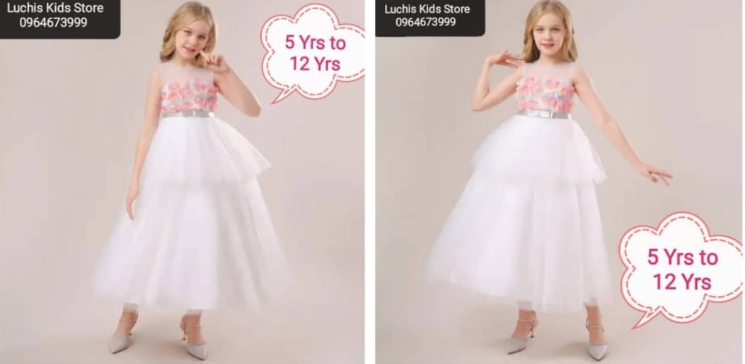 White,long ball gown/party dress with little bow belt and flowers print for 5-12 y.o girls