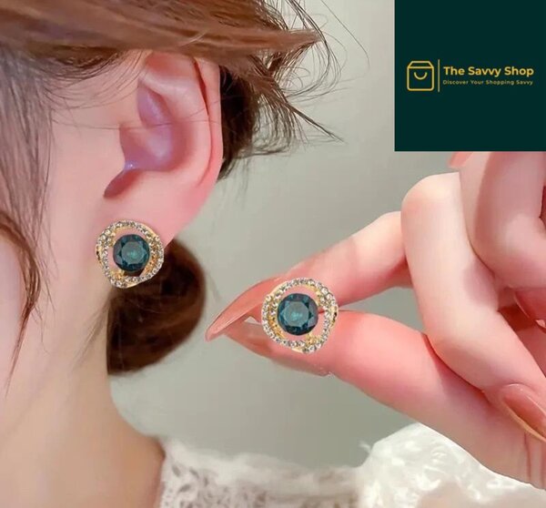 Double round gold plated artificial stone earrings