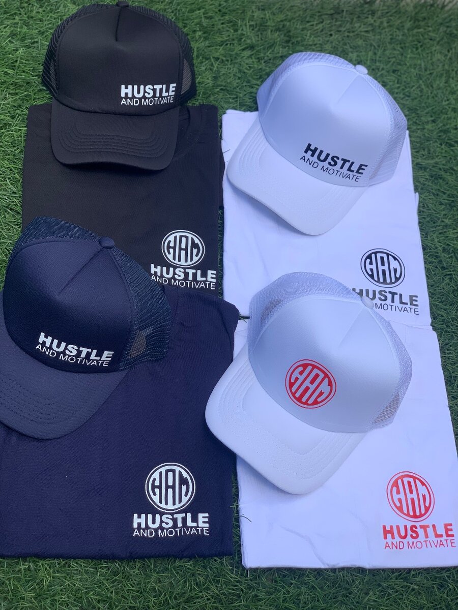 Hustle and motivate caps k65,t-shirts k140