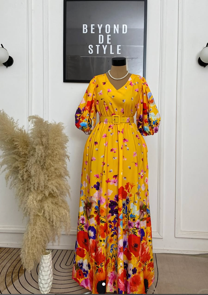 ELEGANT BELTED FLORAL MAXI DRESS