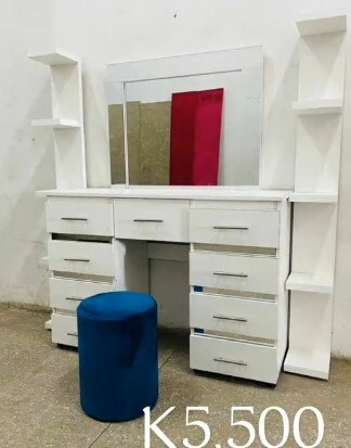 Dressing table with shelves, drawers + mirror, white