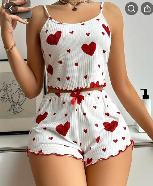 Womens Heart Print Relaxed Fit Pajama Set - Soft Micro Elast