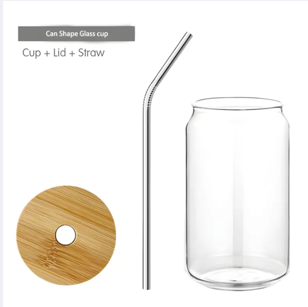 Round Glass Tumbler Can with Glass Straw and Lid Glass Sipper with Straw for Fruit Juice Milk Mug small size