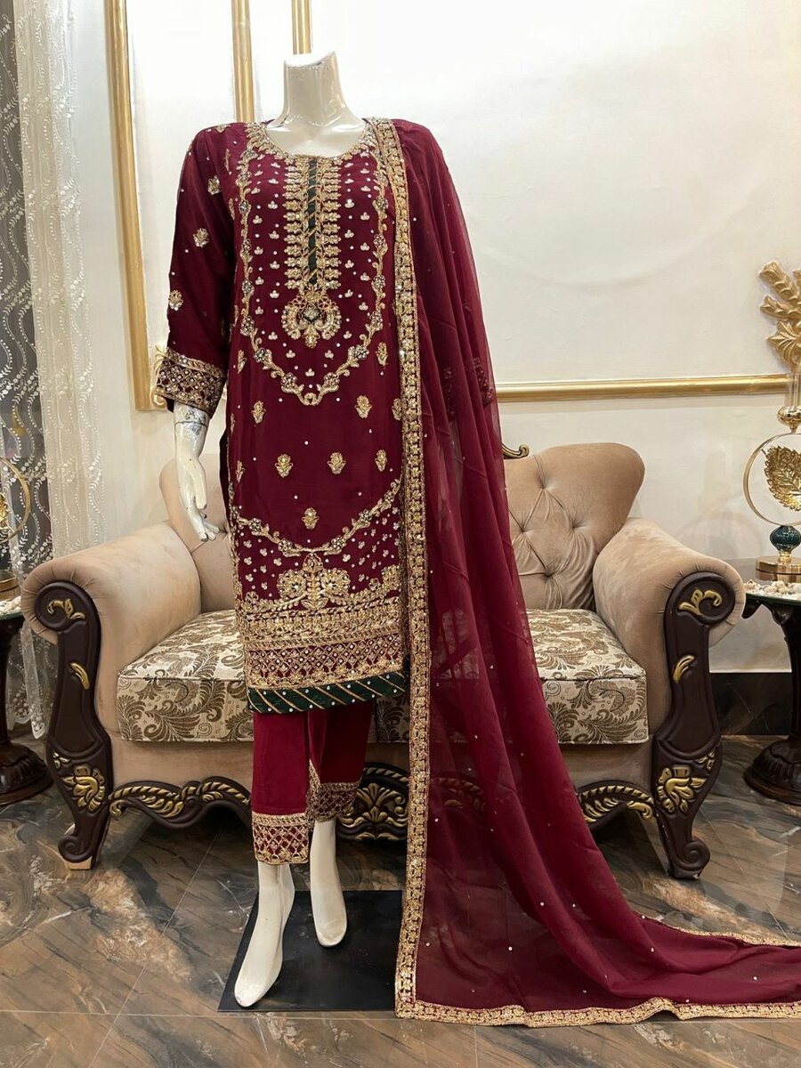 Party wear chiffon embroidery stitch 3 pc dc free