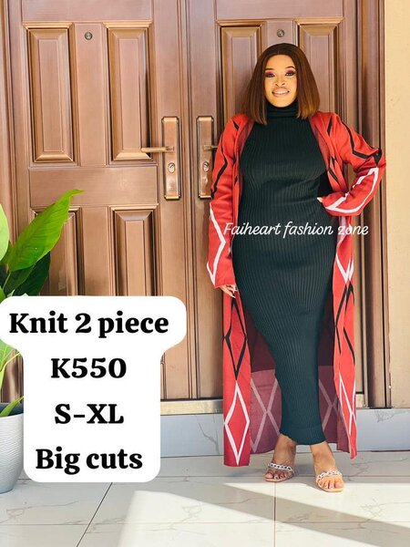 Women's Black Knitted Long Dress and Long Red Cardigan S-XL Big cuts