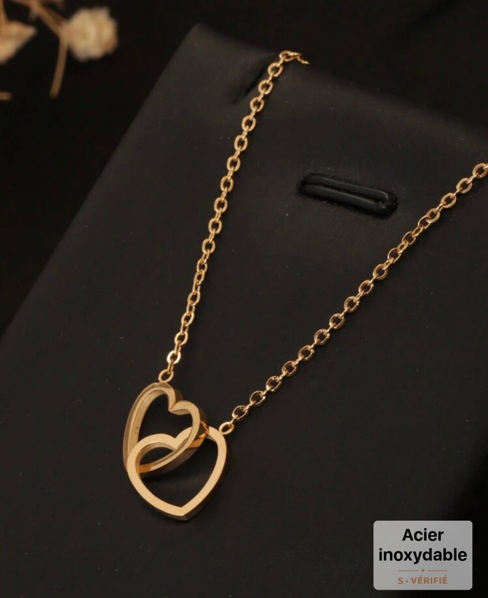 Collier en Acier Doré Deux Cœurs Entrelacés