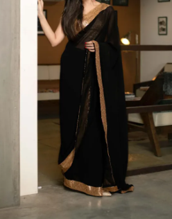 BLACK, GOLDEN, SAREE WITH GOLD SEQUIN BORDER WORK WITH BLOUSE ( Fabric Chiffion, Sequin, With Short Slvees, And Blouse Lenght 24 )