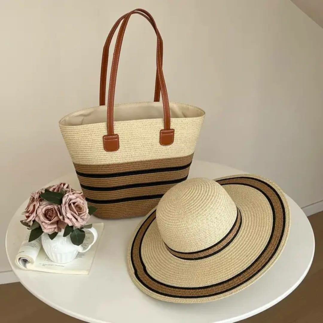 Ensemble chapeau et sac en paille