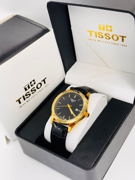Montre Tissot homme en cuir noir et doré