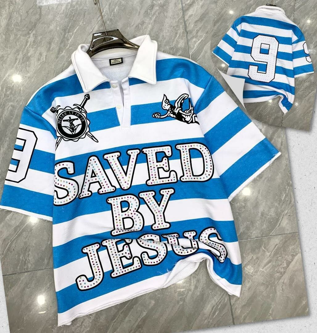 Polo rayé "Saved by Jesus"