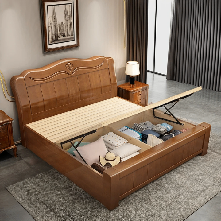 Lit double en bois avec rangement