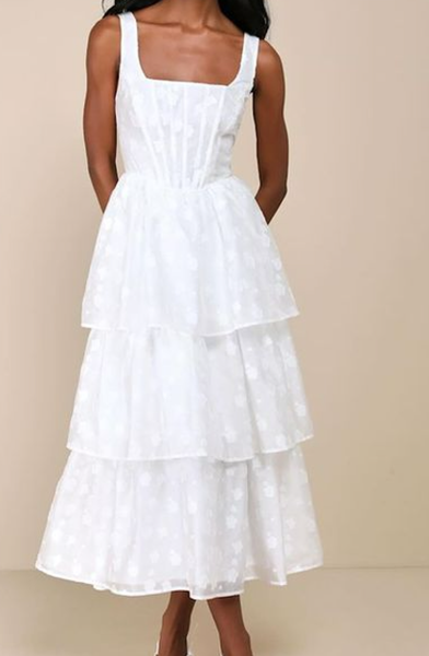 Lulu’s Sweet Potential White Floral Burnout Bustier Tiered Midi Dress