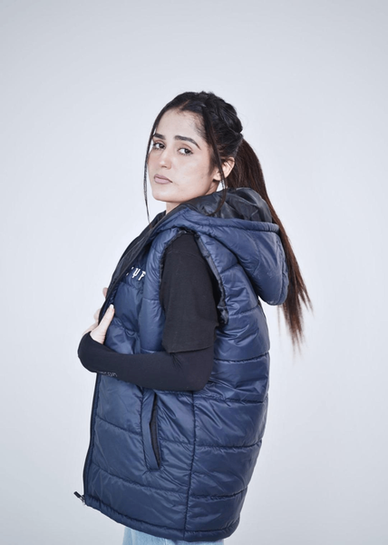 Stylish blue hooded neck sleeveless
