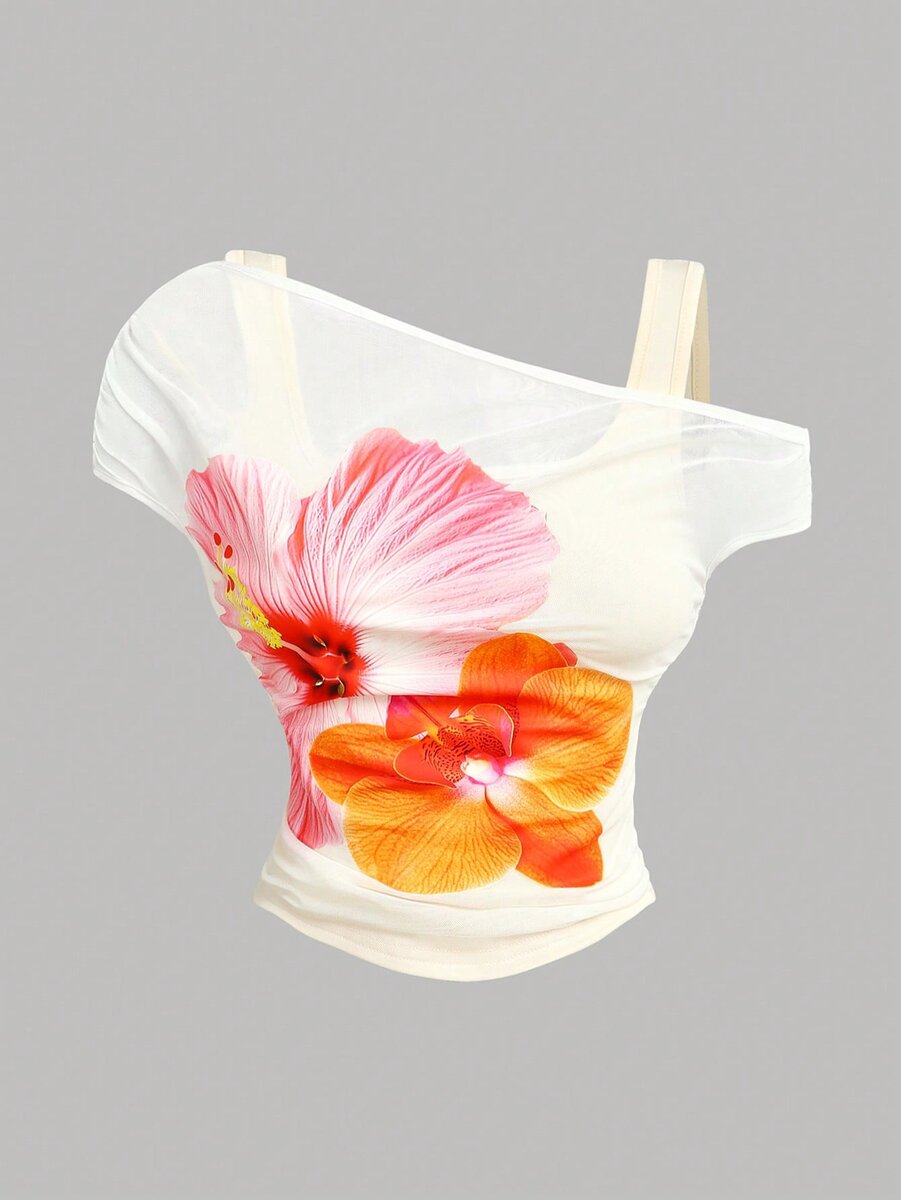 Top asymétrique à fleurs