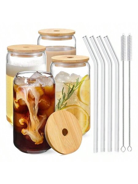 Glass cup with bamboo lid and glass straw