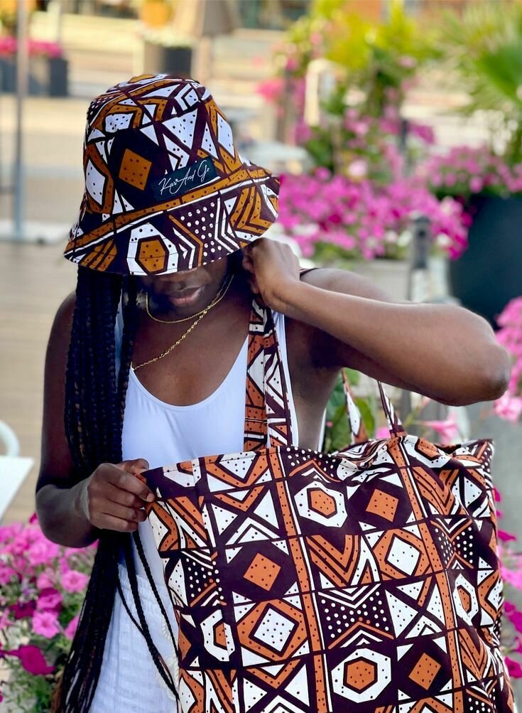 African print bags, hats and shorts.