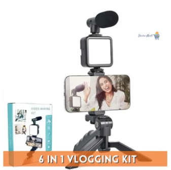 VLOGGING Kit Tripod for Mobile Phone DSLR Camera Video Recording, Video Making Vlogging Kit with tripod stand, Microphone, Led Light, Mobile Holder, All In One Vlogging Kit Tripod