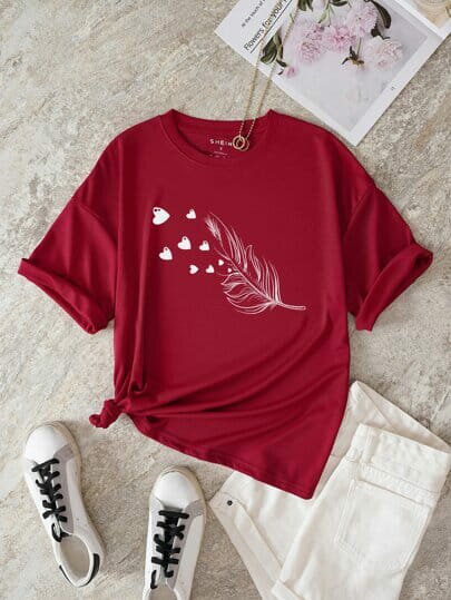 T-shirt femme rouge à motifs