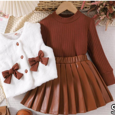 Set of 3 items: white sleeveless vest, brown jacket and pleated skirt, sizes 4,5,6 years 