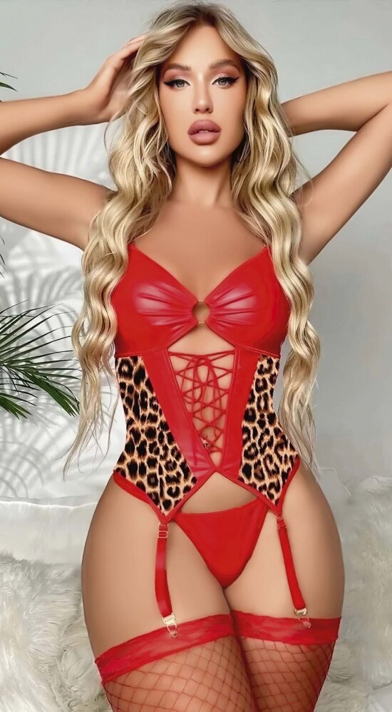 Ensemble lingerie léopard rouge sexy