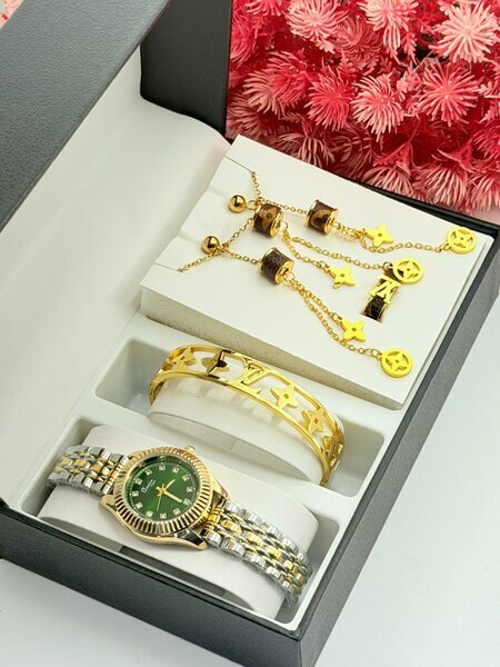 Coffret montre et bijoux dorés vert