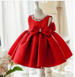 Newborn Baby Girl Dress Red LaceBaby Gown Princess Bow Baby Birthday Dress ( Fabric Silk) ( Size 03 Month To 2 Yrs)