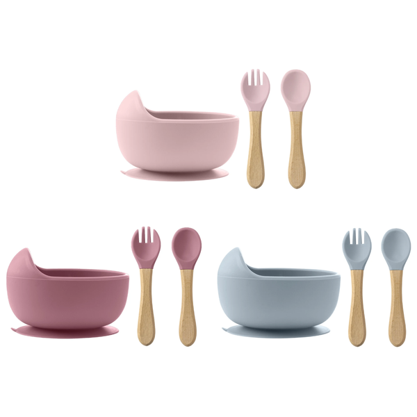 3Pcs Silicone Suction Bowl Set with Wooden Spoon & Fork