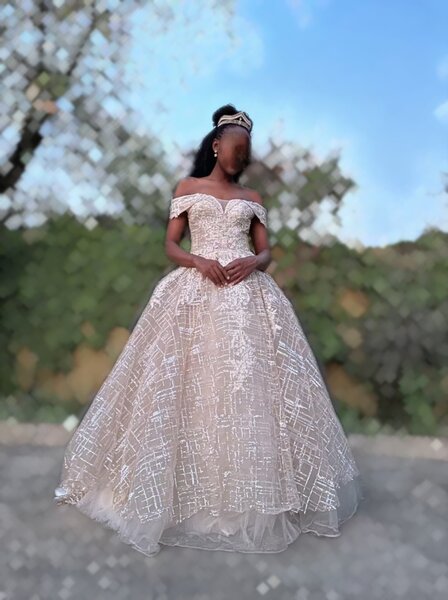 Nude wedding ballgown for hire.