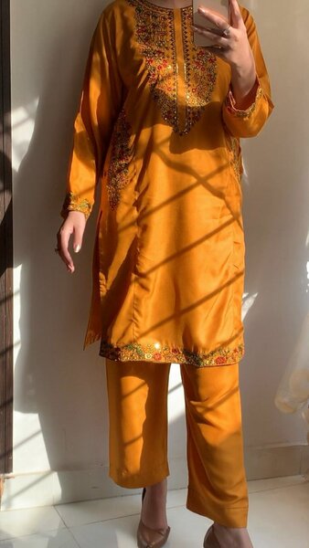 Mustard pocket  Embroided Dress