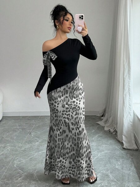 Robe longue asymétrique léopard