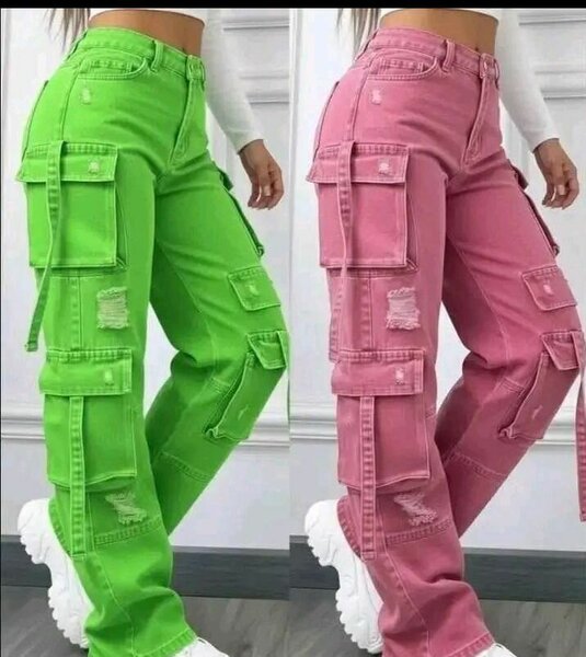Jeans cargo femme vert et rose