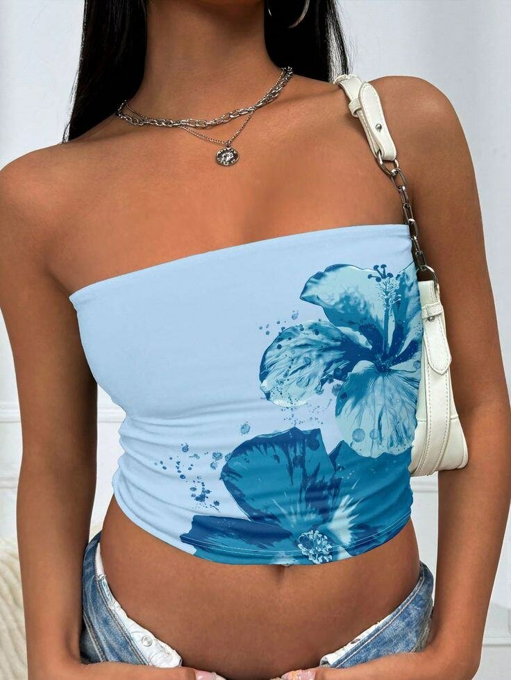 Top tube bleu imprimé floral