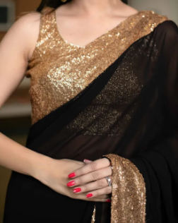 BLACK, GOLDEN, SAREE WITH GOLD SEQUIN BORDER WORK WITH BLOUSE ( Fabric Chiffion, Sequin, With Short Slvees, And Blouse Lenght 24 )