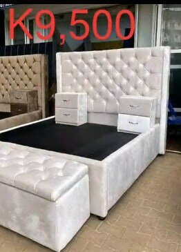 Bed with soft headboard white + pouf