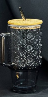 Vintage Embossed Drinking Glass Cup with Bamboo Lid and Glass Straw