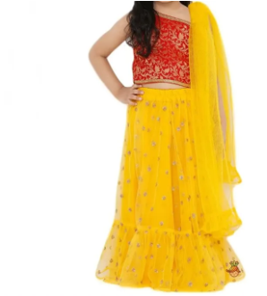 Girl Dress Yellow And Red ( Fabric Jamwer And Net ANd Chamki)
