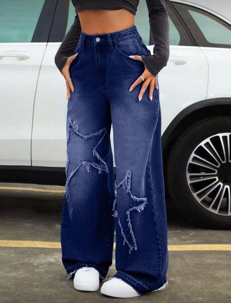 Jean large étoilé femme