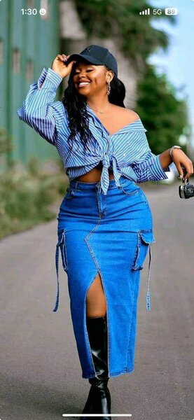 Two-piece suit: striped blue shirt and denim skirt