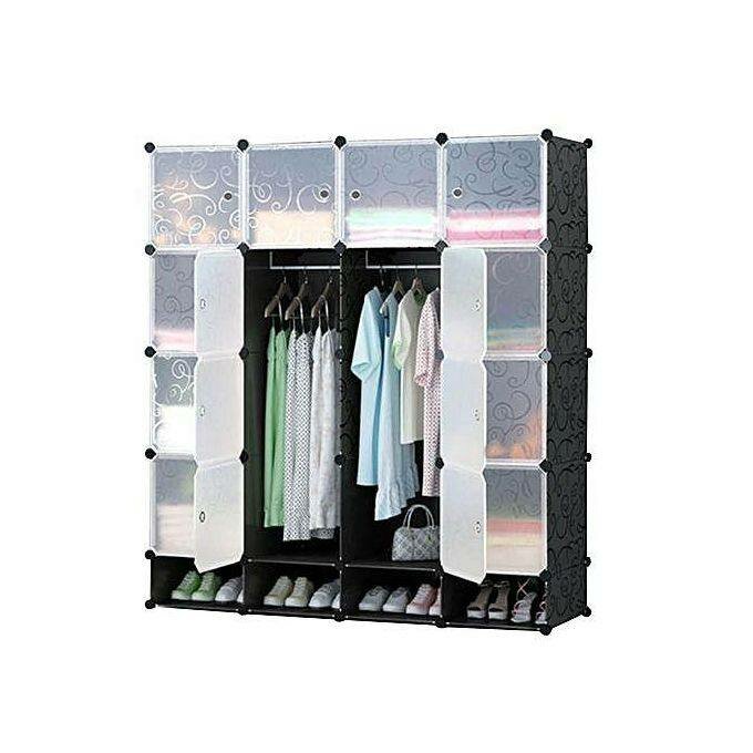 16 Cubes Plastic Wardrobe With Shoe Rack - Black/White