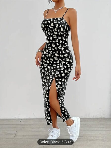 Elegant Floral Print Midi Dress with Split Thigh Detail