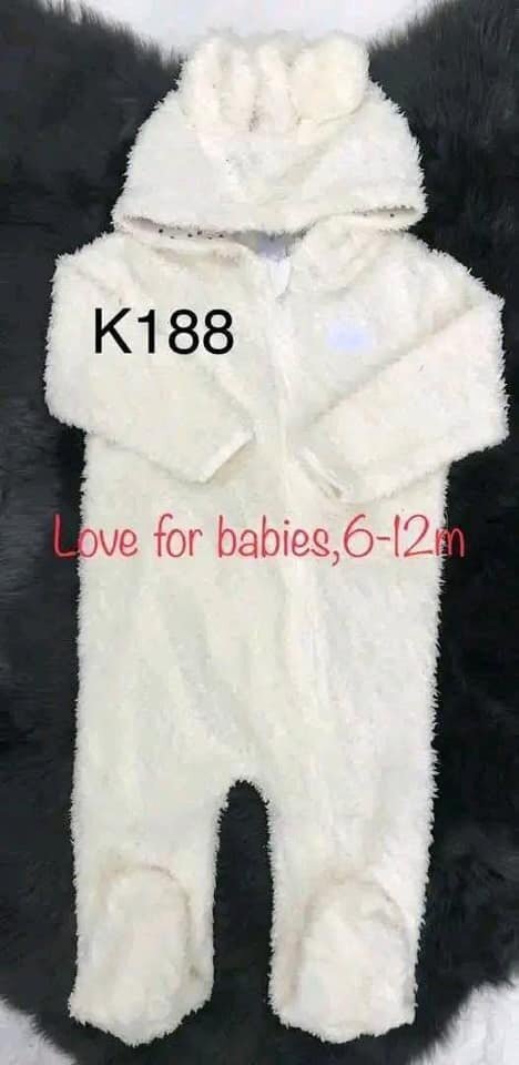 Fluffy white jumpsuit with ears on the hood, 6-12m