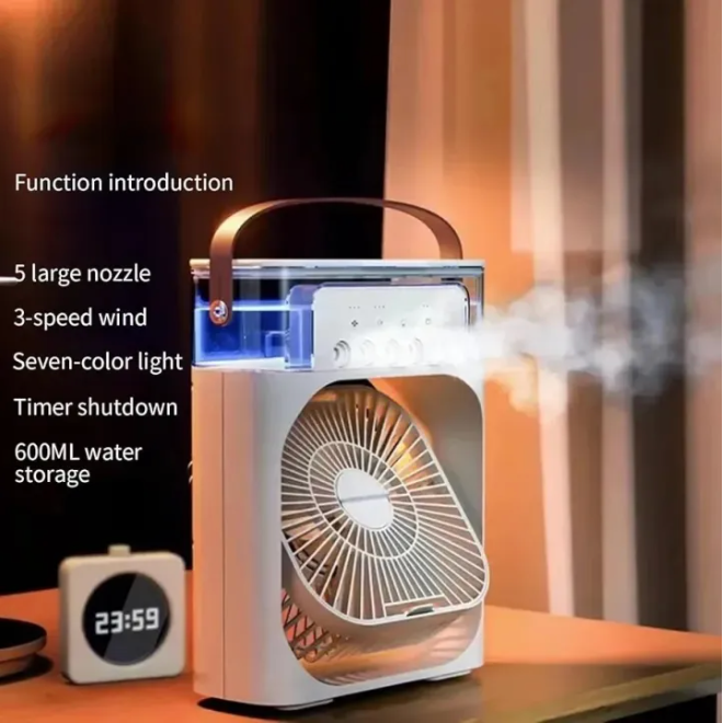 3 in 1 Fan Air Conditioner | Mini Air Cooler Fan | Desk Air Cooler Nightstand Air conditioner - Mini evaporative Cooler LED light fan | Air Conditioner Fan, Mini Evaporative Air Cooler with 7 Colors LED Light, 3 Wind Speeds and 3 Spray Modes