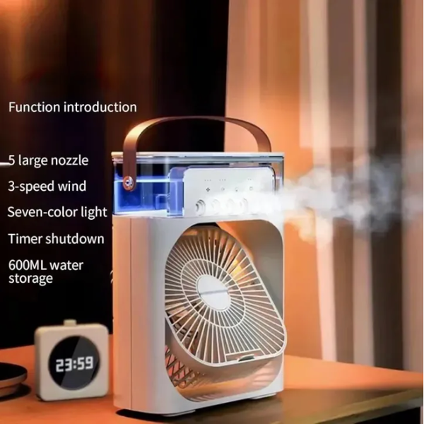 3 in 1 Fan Air Conditioner | Mini Air Cooler Fan | Desk Air Cooler Nightstand Air conditioner - Mini evaporative Cooler LED light fan | Air Conditioner Fan, Mini Evaporative Air Cooler with 7 Colors LED Light, 3 Wind Speeds and 3 Spray Modes