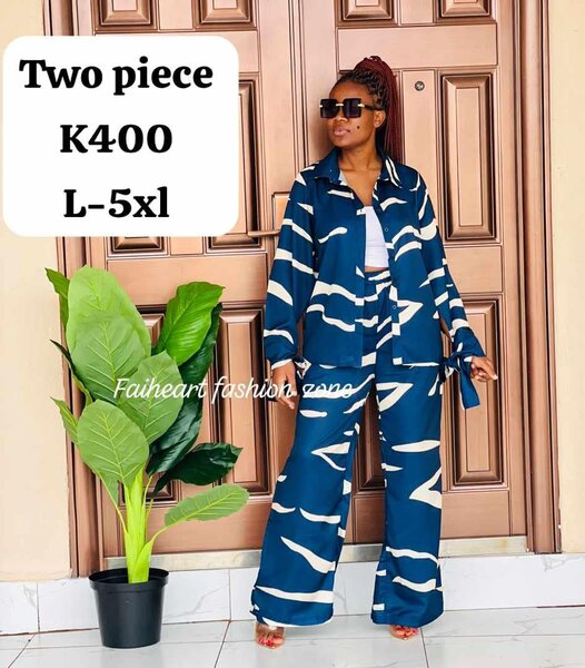 Women's suit, shirt and wide trousers are blue with a print L-5xl