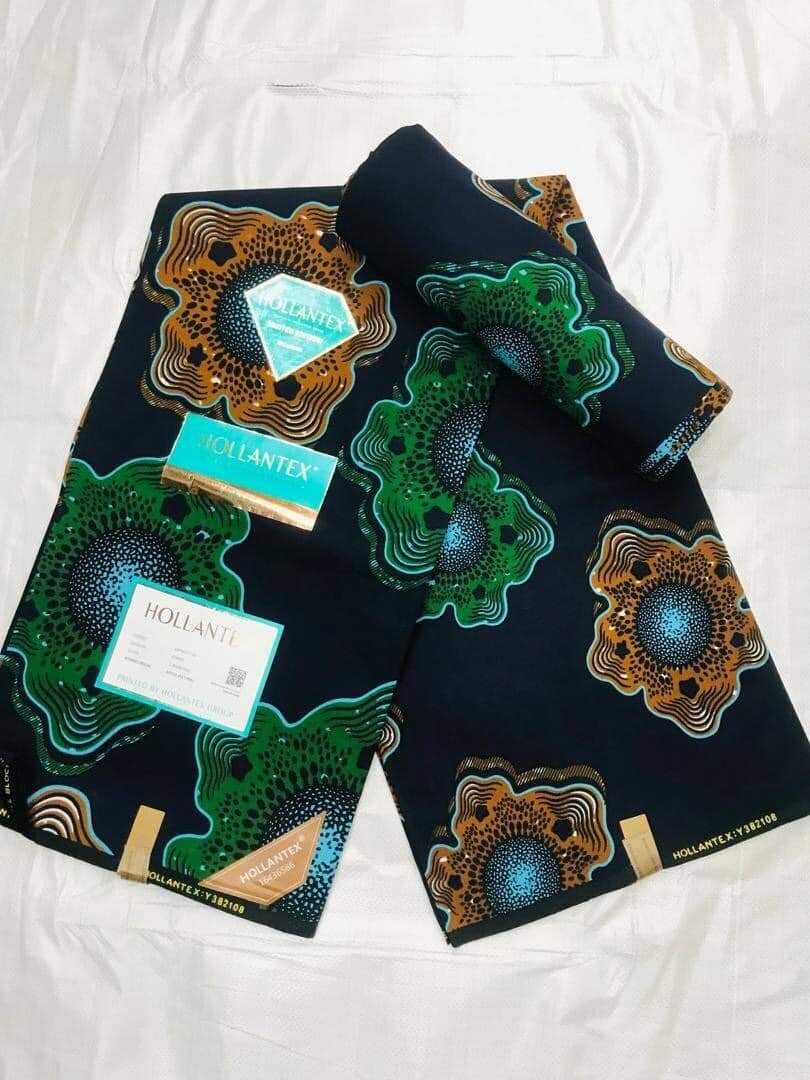 Tissu African print vert orange noir 